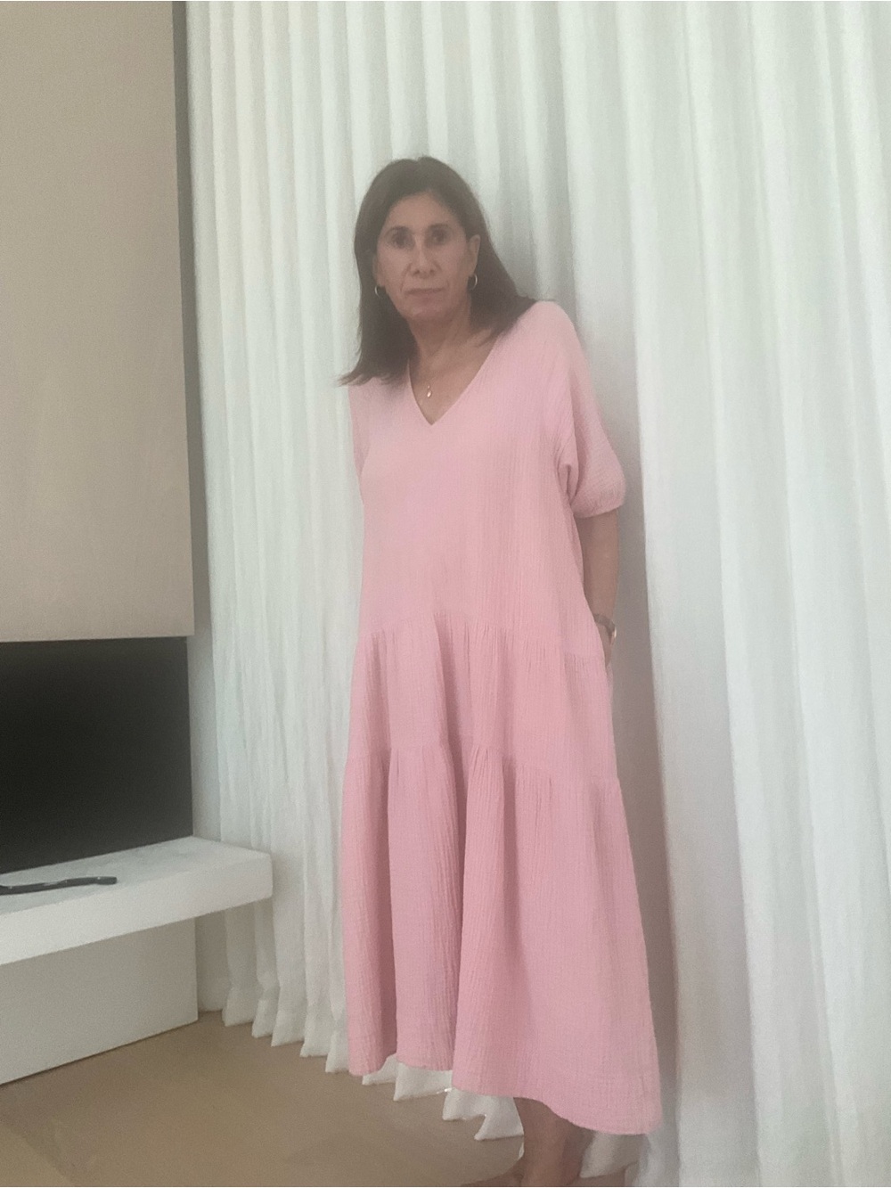 V-Neck Light Pink Tiered Midi Dress